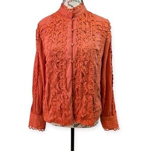 Feelhoo Size Large Terracotta Boho Lace Eyelet Blouse - Victorian Style